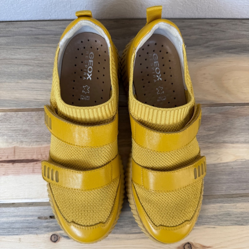 Geox Sneakers Yellow Women's Size 8 Leather, Knit, Velcro, Rubber Sole